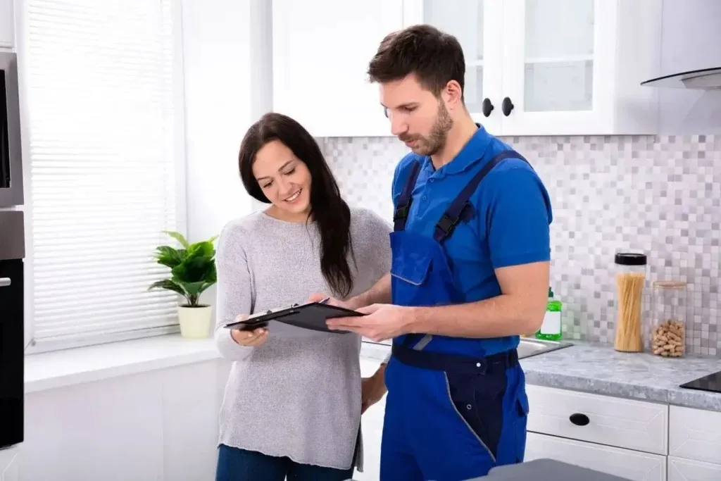 Professional Dallas plumber inspecting a kitchen faucet leak next to a tool bag.
