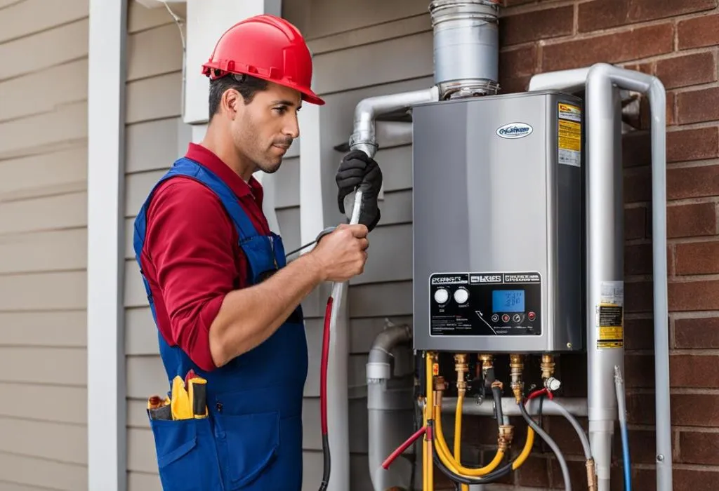 A professional Dallas plumber in a red hard hat and blue overalls performing maintenance on an exterior tankless water heater unit.