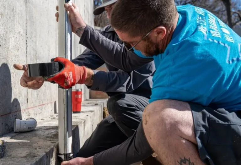 Two plumbers working together to install and tape a vertical white PVC pipe against a concrete foundation wall outdoors.