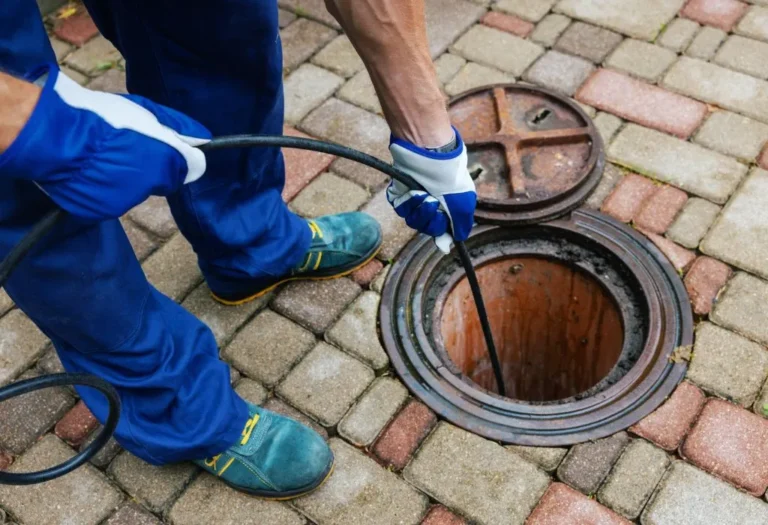 Technician using a professional hydro jetting hose to clear a main sewer line manhole in Dallas.