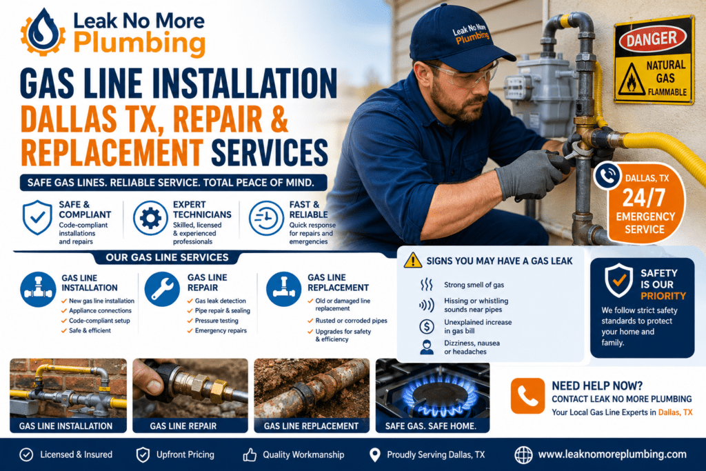 Gas line installation Dallas TX technician performing professional gas line repair and replacement services for residential and commercial properties.