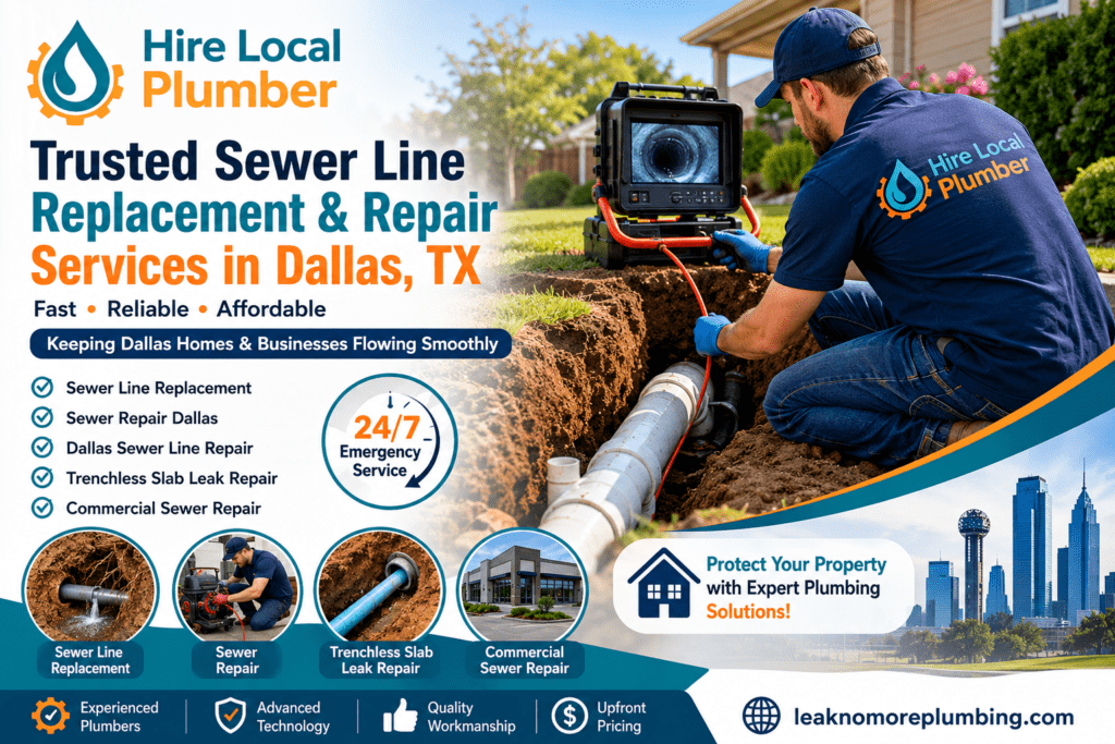 Sewer line replacement Dallas TX technician repairing underground sewer pipe using advanced trenchless plumbing technology.