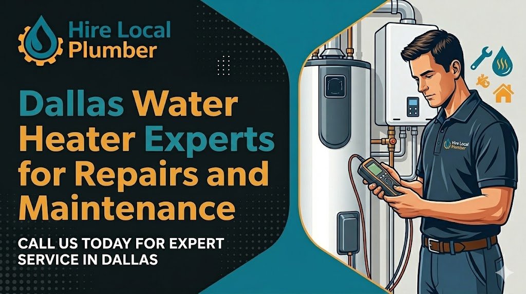 An infographic for 'Hire Local Plumber' service in Dallas. The left side is dark with a company logo and prominent teal and orange text that reads: 'Dallas Water Heater Experts for Repairs and Maintenance', with a call to action below. The right side is light and has an illustration of a male plumber with a diagnostic tablet, working on a water heater, and small plumbing icons.
