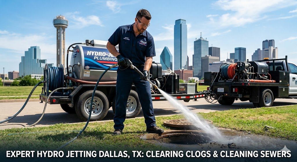 A professional plumber in Dallas, TX performing high-pressure hydro jetting sewer cleaning near an open manhole. Behind him is the Dallas skyline with Reunion Tower. A white text overlay at the bottom reads: "EXPERT HYDRO JETTING DALLAS, TX: CLEARING CLOGS & CLEANING SEWERS".