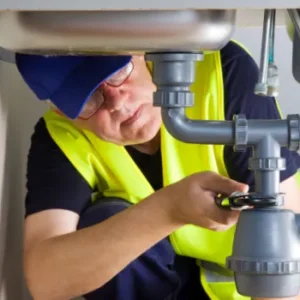 Professional plumber in a high-visibility vest repairing a kitchen sink drain in a Dallas home.